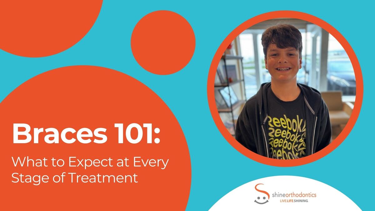 Boy smiling with braces with text "Braces 101: What to Expect at Every Stage of Treatment"